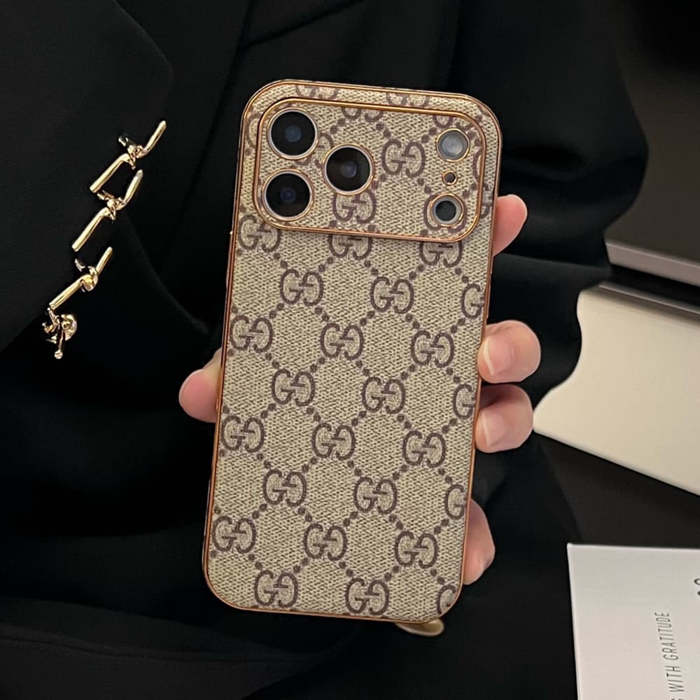 LV & Gucci Full Faux Leather Wrap with Gold Plated Frame iPhone Case