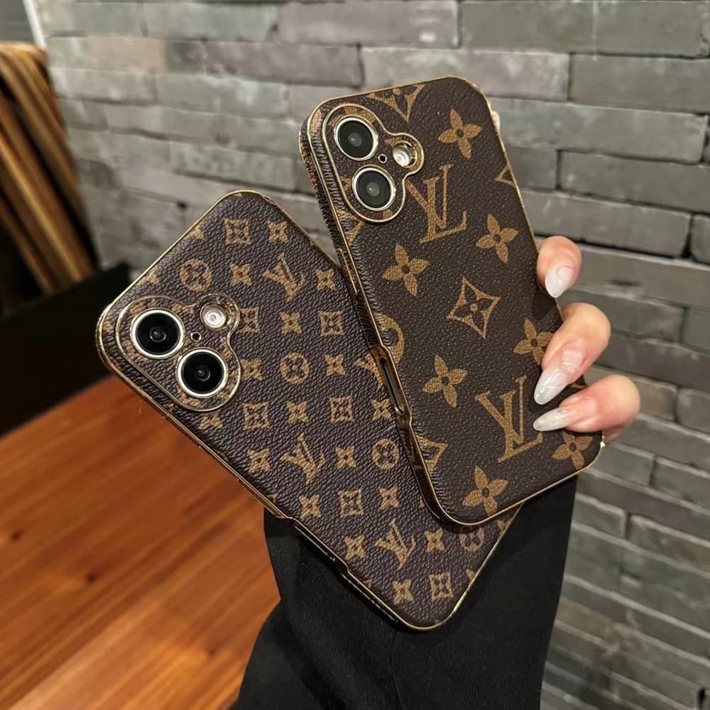Louis Vuitton Luxury iPhone Case - Monogram Leather with Gold Frame (Classic Brown)
