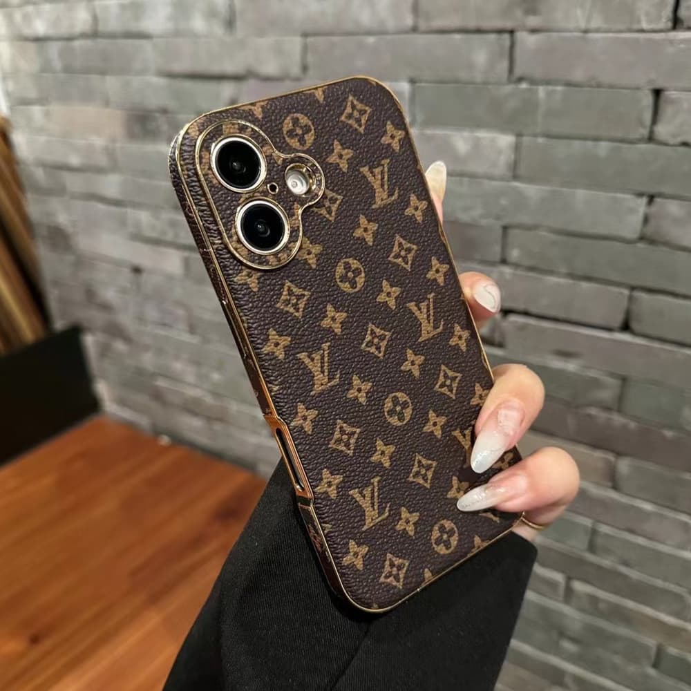 Louis Vuitton Luxury iPhone Case - Monogram Leather with Gold Frame (Classic Brown) Louis Vuitton Luxury iPhone Case - Monogram Leather with Gold Frame (Classic Brown)