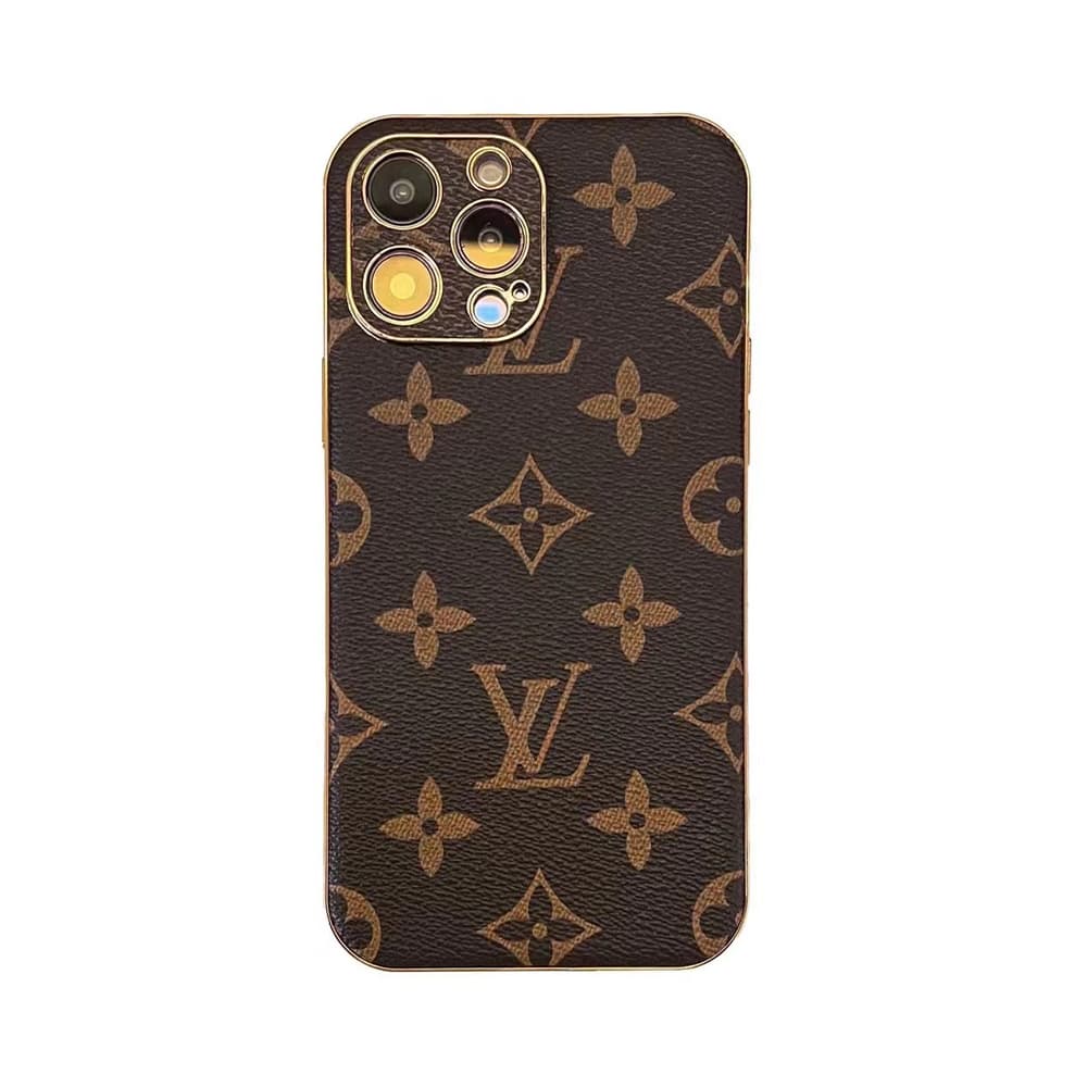 Louis Vuitton Luxury iPhone Case - Monogram Leather with Gold Frame (Classic Brown)