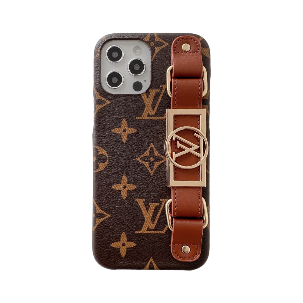 Louis Vuitton Luxury Wristlet iPhone Case - Permanent Monogram Strap (Gold LV Charm)