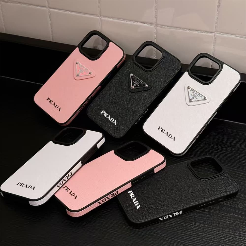 Prada Luxury iPhone Case - Leather Accent with Metal Logo (Pink/Black/White)
