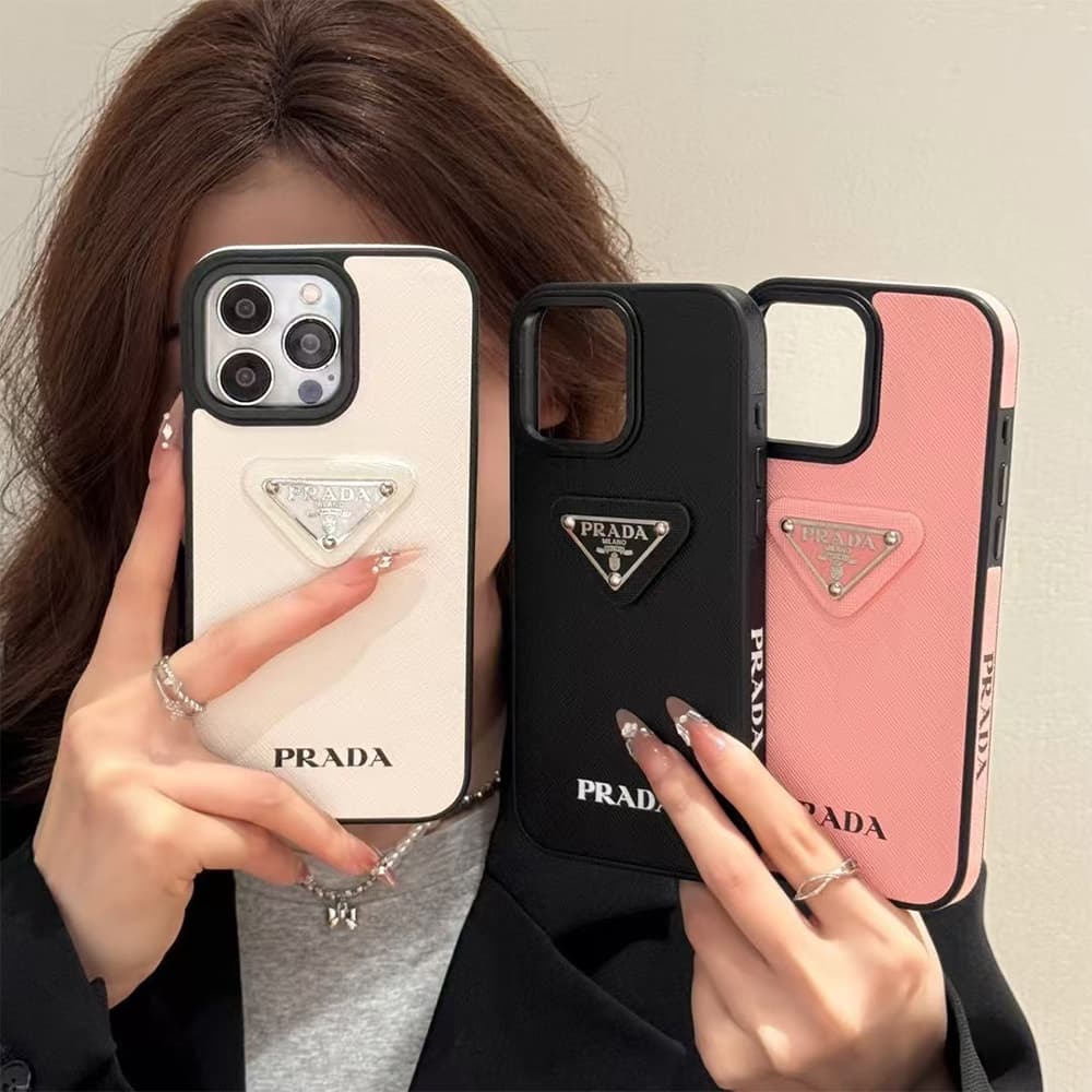 Prada Luxury iPhone Case - Leather Accent with Metal Logo (Pink/Black/White) Prada Luxury iPhone Case - Leather Accent with Metal Logo (Pink/Black/White)