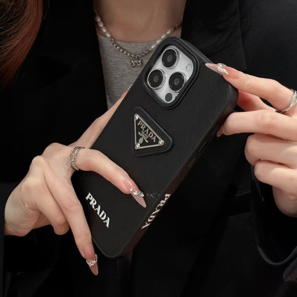 Prada Luxury iPhone Case - Leather Accent with Metal Logo (Pink/Black/White) Prada Luxury iPhone Case - Leather Accent with Metal Logo (Pink/Black/White)