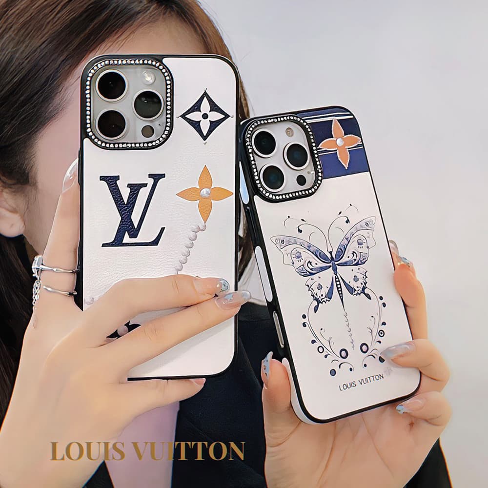 Louis Vuitton Luxury iPhone Case - Floral & Pearl Accent with Crystal Frame (White/Blue/Orange)