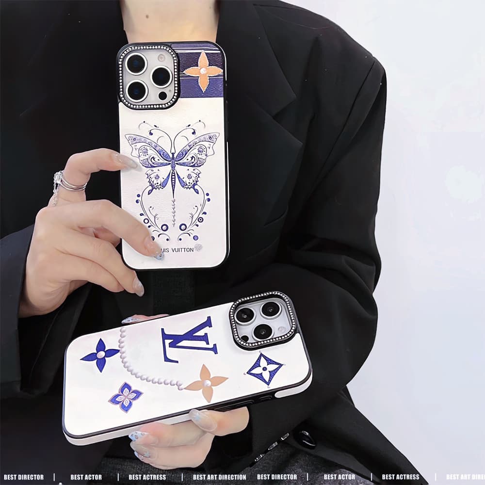 Louis Vuitton Luxury iPhone Case - Floral & Pearl Accent with Crystal Frame (White/Blue/Orange) Louis Vuitton Luxury iPhone Case - Floral & Pearl Accent with Crystal Frame (White/Blue/Orange)