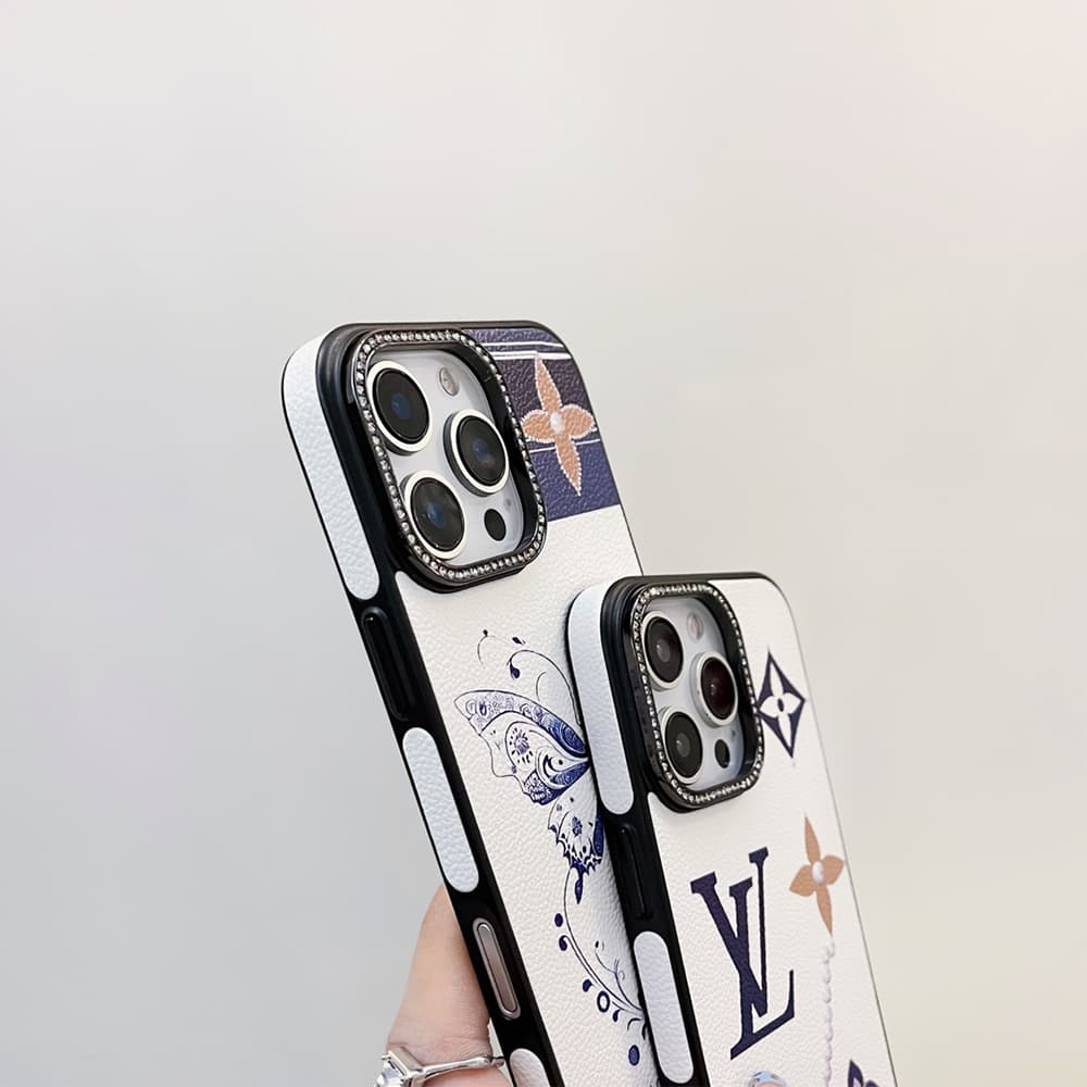 Louis Vuitton Luxury iPhone Case - Floral & Pearl Accent with Crystal Frame (White/Blue/Orange) Louis Vuitton Luxury iPhone Case - Floral & Pearl Accent with Crystal Frame (White/Blue/Orange)