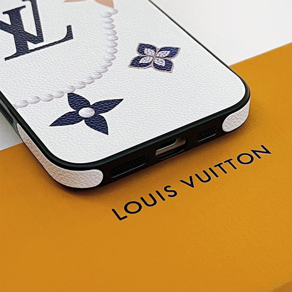 Louis Vuitton Luxury iPhone Case - Floral & Pearl Accent with Crystal Frame (White/Blue/Orange) Louis Vuitton Luxury iPhone Case - Floral & Pearl Accent with Crystal Frame (White/Blue/Orange)