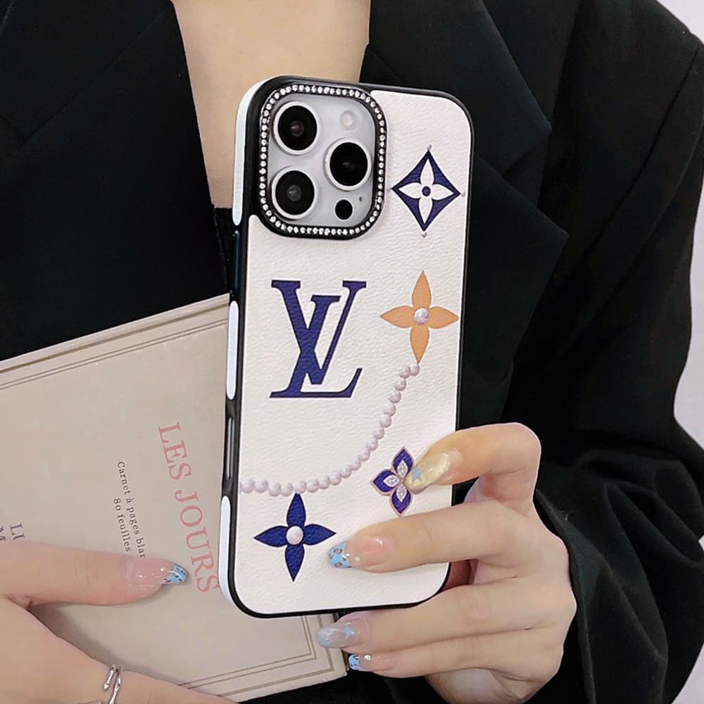 Louis Vuitton Luxury iPhone Case - Floral & Pearl Accent with Crystal Frame (White/Blue/Orange) Louis Vuitton Luxury iPhone Case - Floral & Pearl Accent with Crystal Frame (White/Blue/Orange)