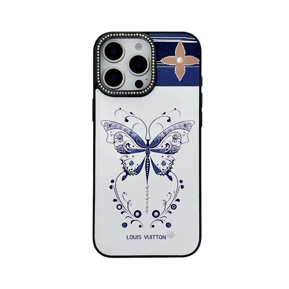Louis Vuitton Luxury iPhone Case - Floral & Pearl Accent with Crystal Frame (White/Blue/Orange)