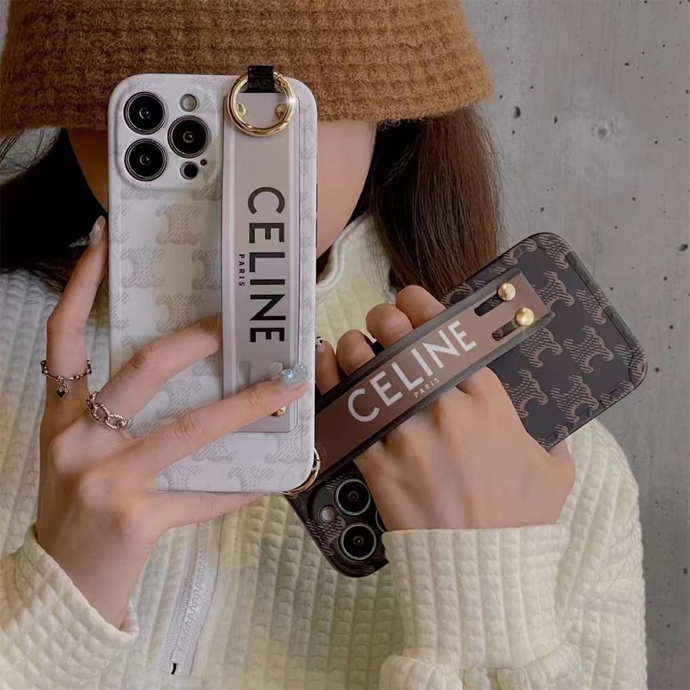 Celine Luxury iPhone Case - Triomphe Pattern with Leather Wrist Strap & Ring Stand (TPU Protective Case)