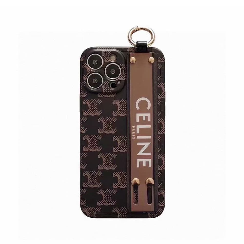Celine Luxury iPhone Case - Triomphe Pattern with Leather Wrist Strap & Ring Stand (TPU Protective Case)