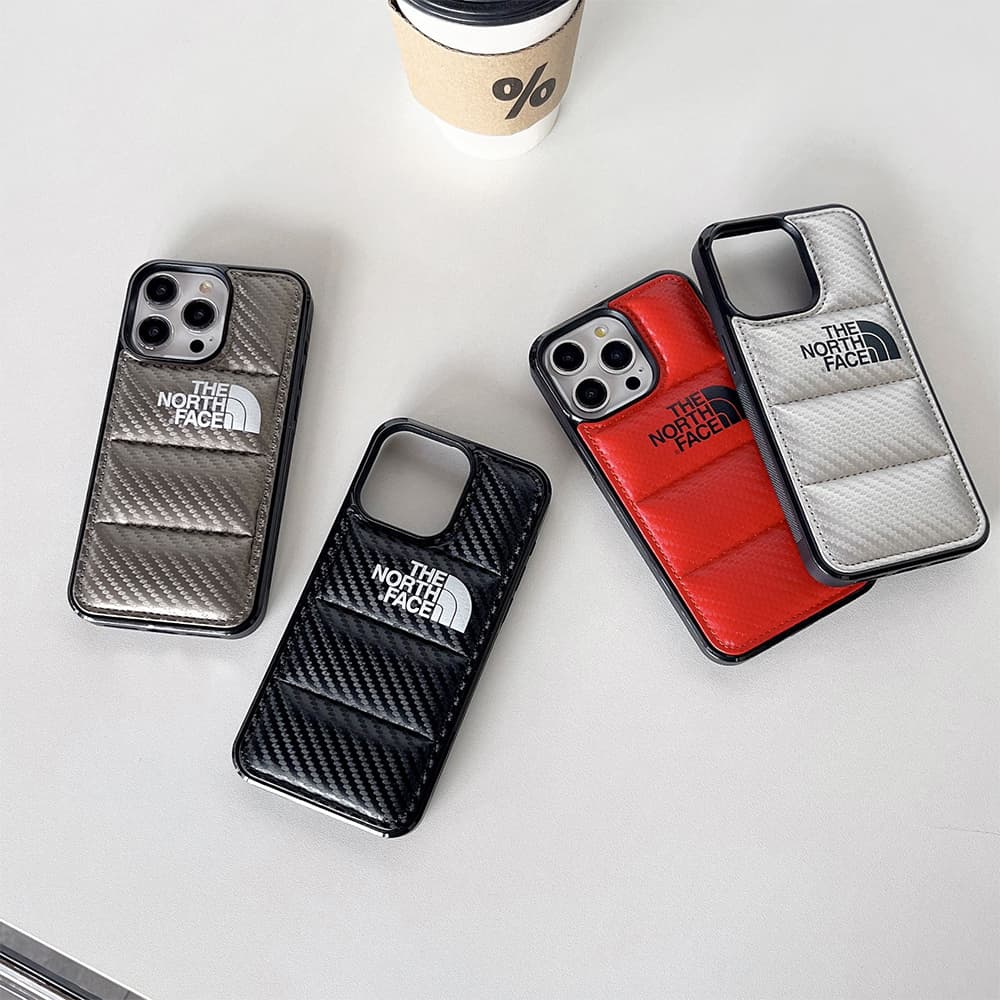 The North Face Luxury iPhone Case - Puffer Jacket Design with Carbon Fiber Texture (Rugged Protective Cover)