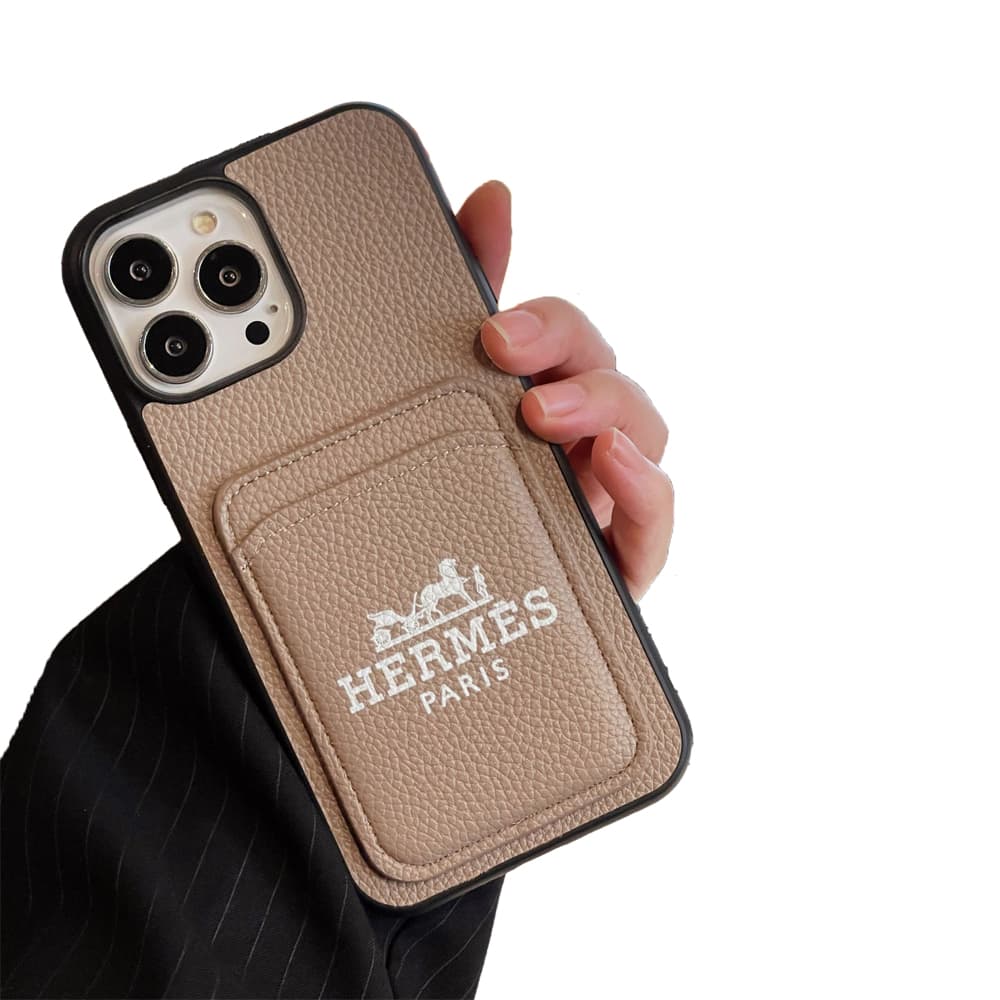 Hermès Luxury Phone Case - Leather Texture with Card Slot for iPhone (Orange/White/Black/Khaki)