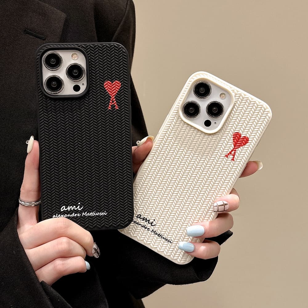 ami alexandre mattiussi iPhone Case - Red Heart Logo & Woven Texture Phone Cover (Black/White)