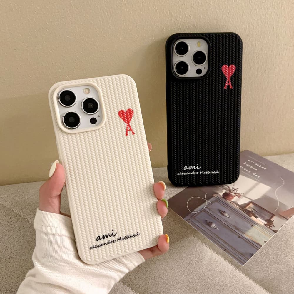 ami alexandre mattiussi iPhone Case - Red Heart Logo & Woven Texture Phone Cover (Black/White) ami alexandre mattiussi iPhone Case - Red Heart Logo & Woven Texture Phone Cover (Black/White)