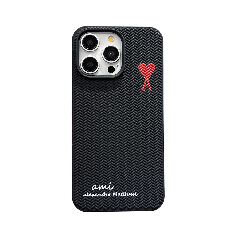 ami alexandre mattiussi iPhone Case - Red Heart Logo & Woven Texture Phone Cover (Black/White)