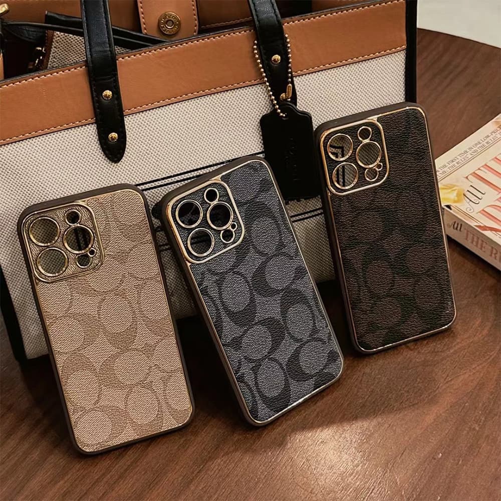 Coach Luxury iPhone Case - Signature Print & Metal Frame (Khaki/Brown/Black)