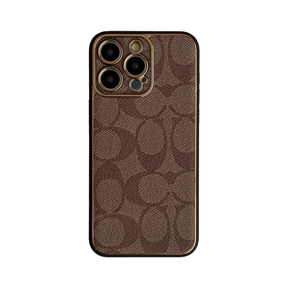 Coach Luxury iPhone Case - Signature Print & Metal Frame (Khaki/Brown/Black)