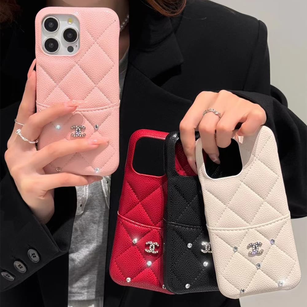Chanel Luxury iPhone Case - Quilted Diamond Stitch & CC Logo with Crystals (Multiple Colors)