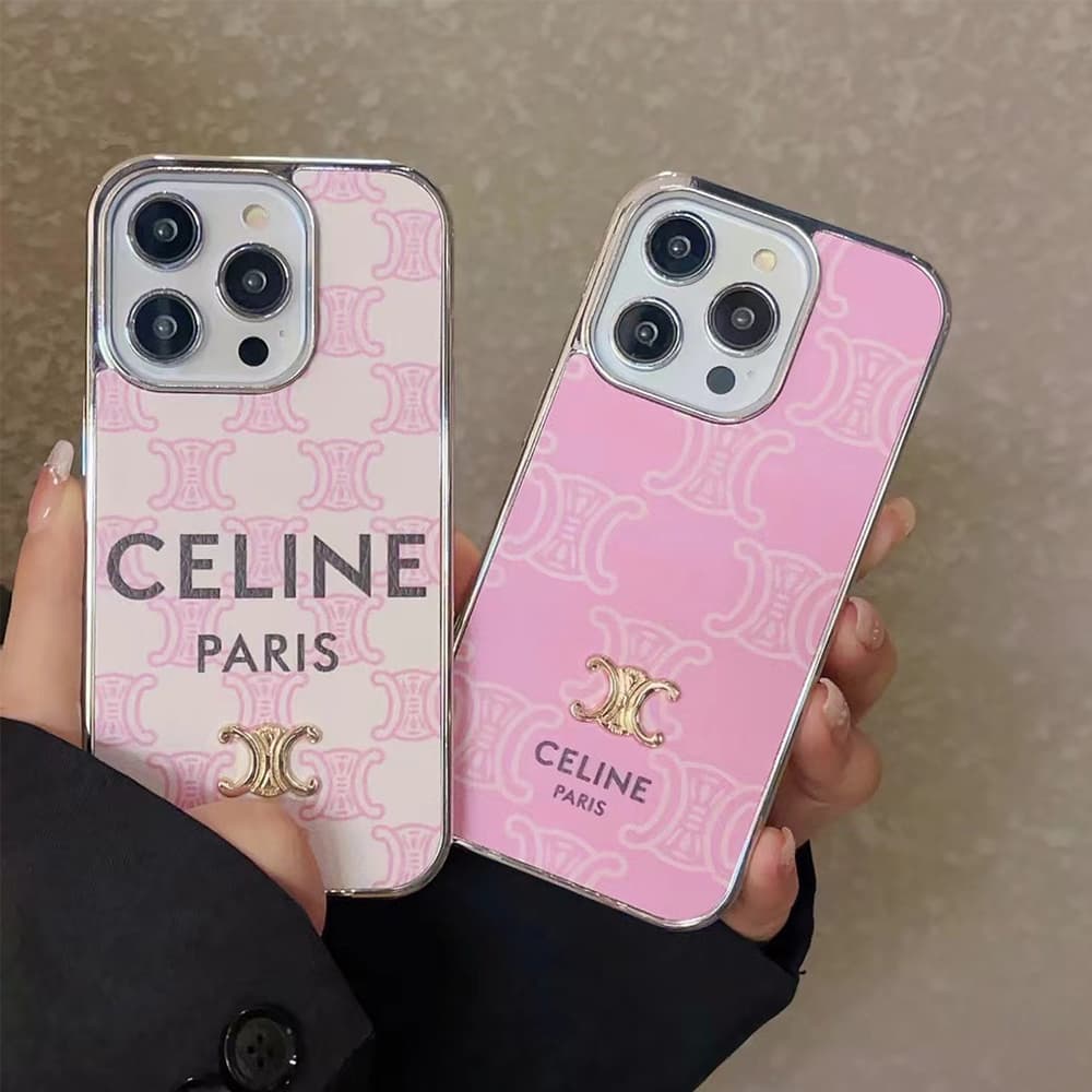 Celine Luxury iPhone Case - Triomphe Logo & Metallic Frame (Blush Pink)