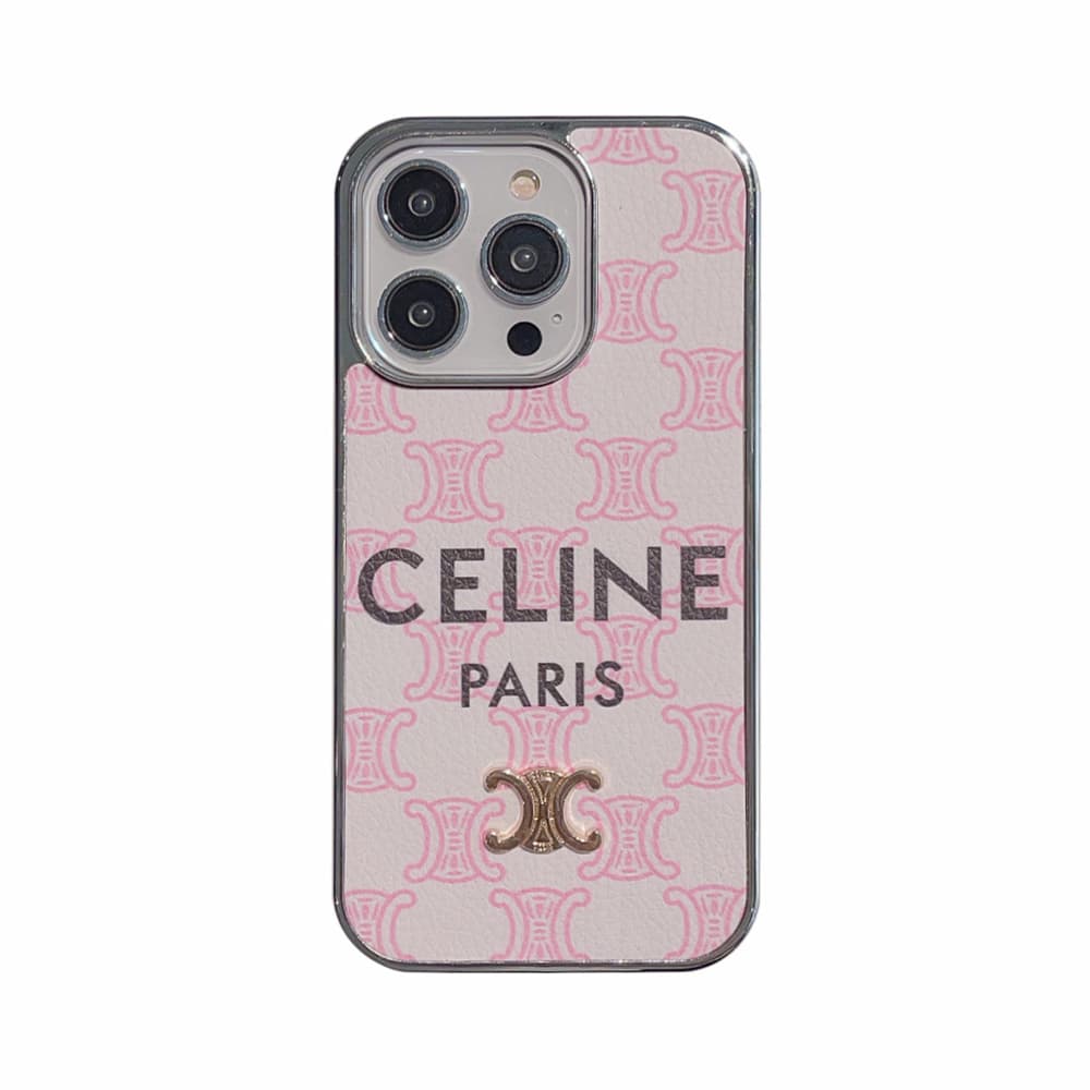 Celine Luxury iPhone Case - Triomphe Logo & Metallic Frame (Blush Pink)