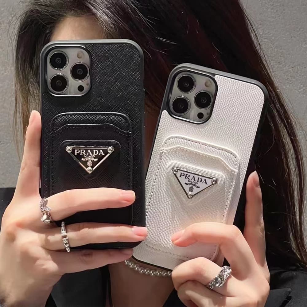 Prada Luxury iPhone Case - Signature Triangle Logo with Card Slot for (Black/White)