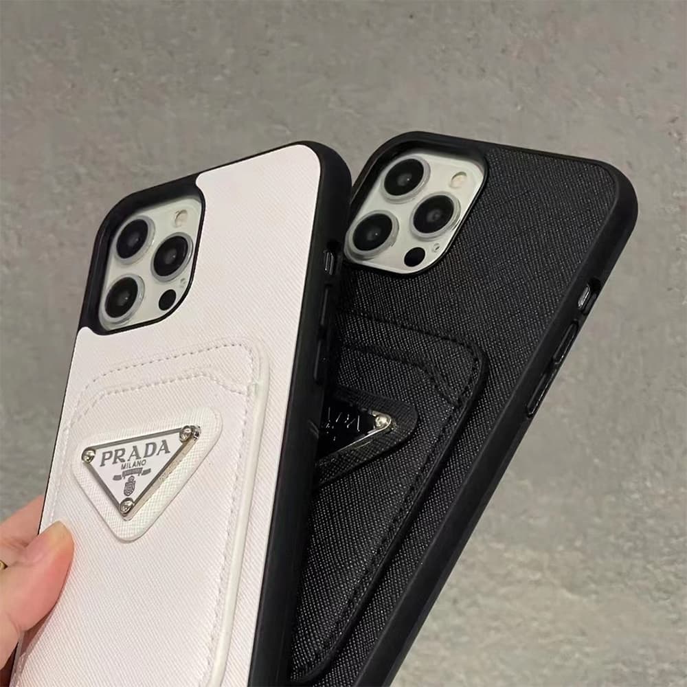 Prada Luxury iPhone Case - Signature Triangle Logo with Card Slot for (Black/White) Prada Luxury iPhone Case - Signature Triangle Logo with Card Slot for (Black/White)