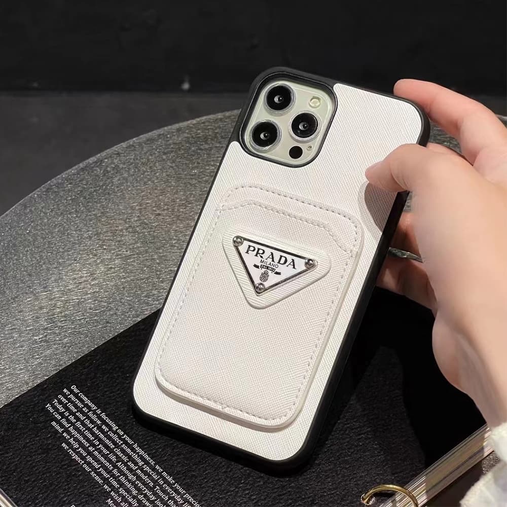 Prada Luxury iPhone Case - Signature Triangle Logo with Card Slot for (Black/White) Prada Luxury iPhone Case - Signature Triangle Logo with Card Slot for (Black/White)