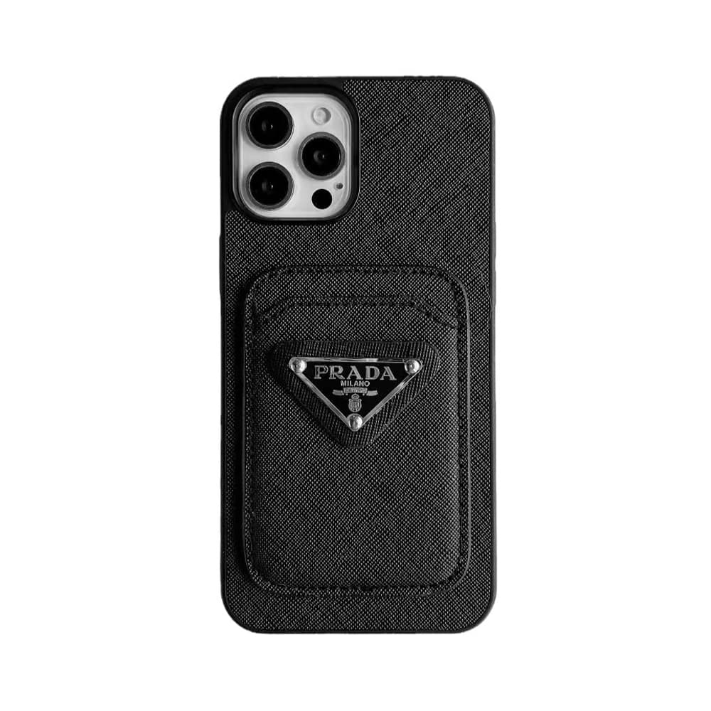 Prada Luxury iPhone Case - Signature Triangle Logo with Card Slot for (Black/White)