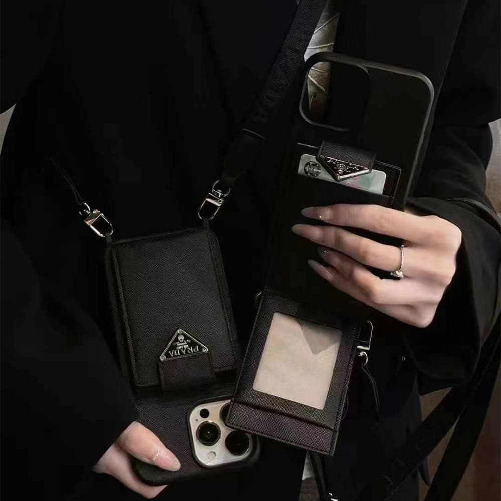 Prada Luxury iPhone Case - Triangle Logo with Detachable Card Holder & Lanyard