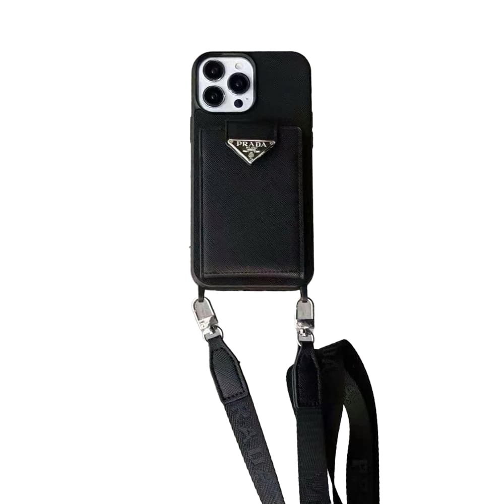 Prada Luxury iPhone Case - Triangle Logo with Detachable Card Holder & Lanyard