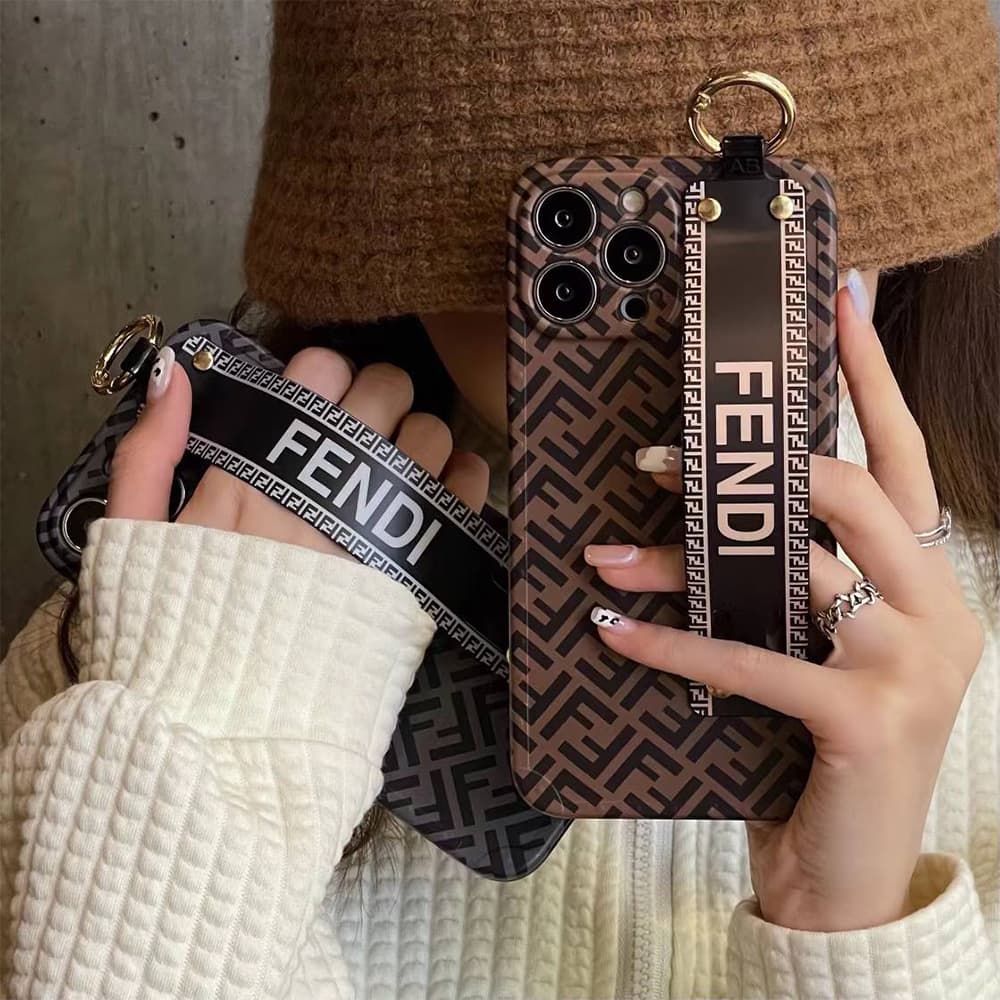 Fendi Luxury iPhone Case - FF Monogram with Wrist Strap & Metal Ring