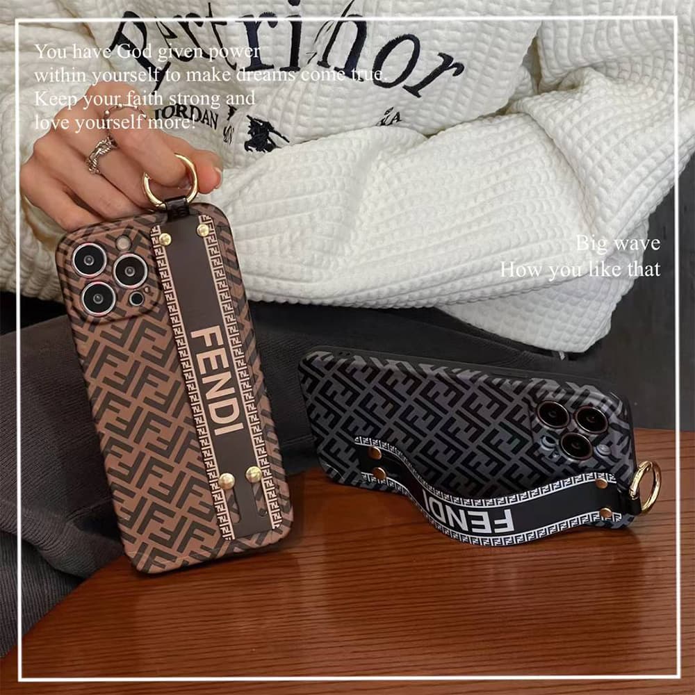 Fendi Luxury iPhone Case - FF Monogram with Wrist Strap & Metal Ring Fendi Luxury iPhone Case - FF Monogram with Wrist Strap & Metal Ring