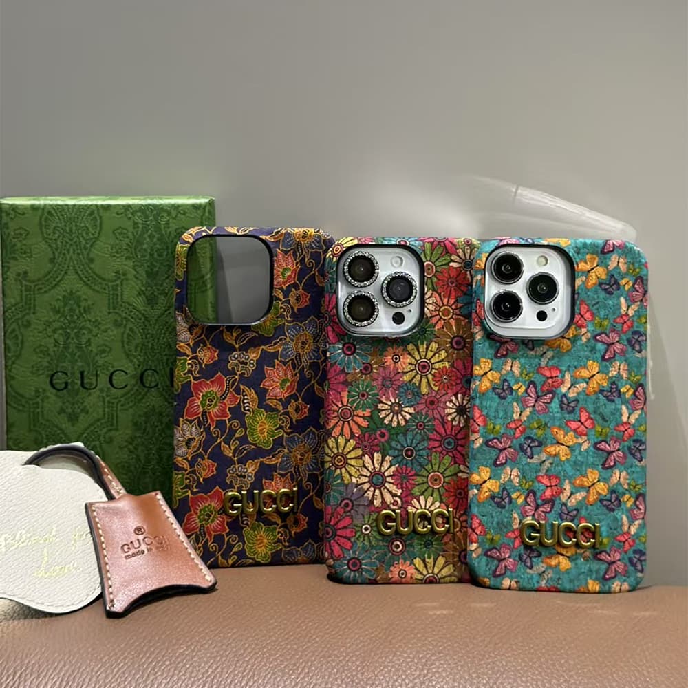 Gucci Luxury iPhone Case - Floral & Butterfly Designs with Metal Logo