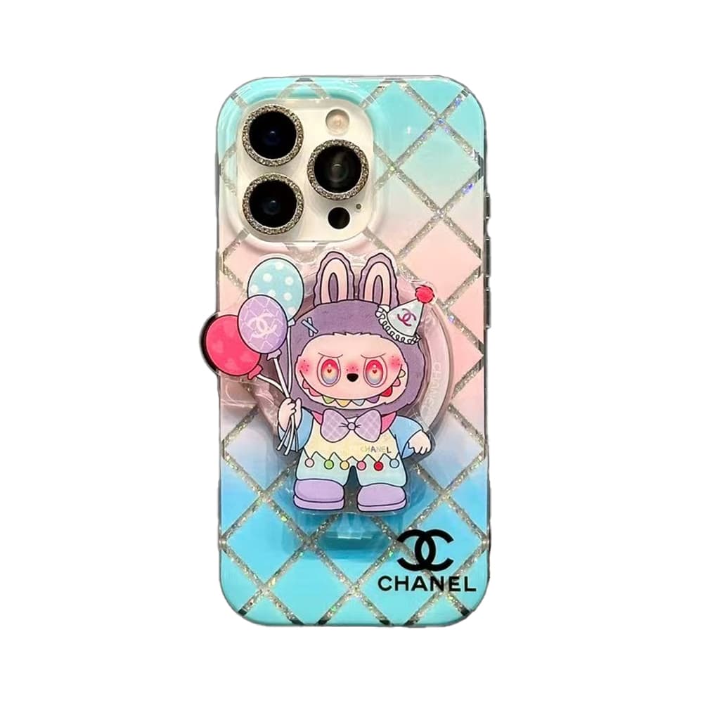 CHANEL Luxury iPhone Case - Glitter Quilted Design with Labubu Magnetic Stand (Magsafe Compatible)