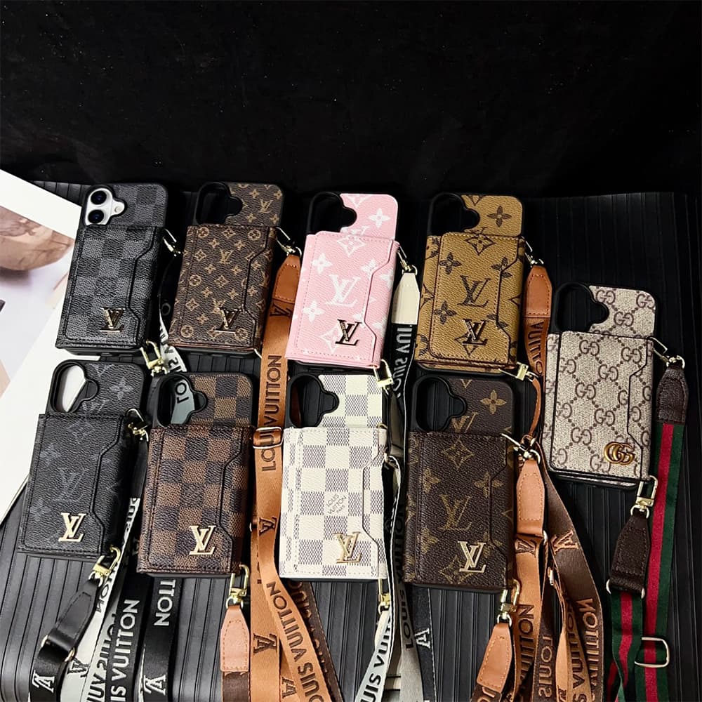 LV & Gucci Monogram Patterns Phone Case with Card Holder - Solid Color Border Style (iPhone/Samsung Galaxy)