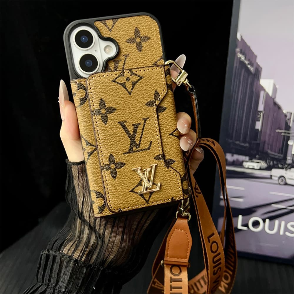LV & Gucci Monogram Patterns Phone Case with Card Holder - Solid Color Border Style (iPhone/Samsung Galaxy)