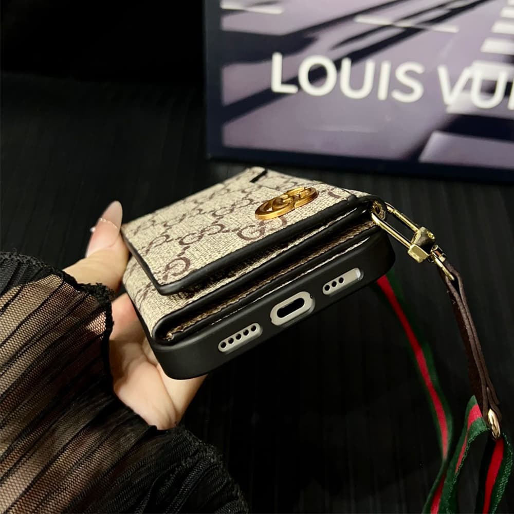 LV & Gucci Monogram Patterns Phone Case with Card Holder - Solid Color Border Style (iPhone/Samsung Galaxy)
