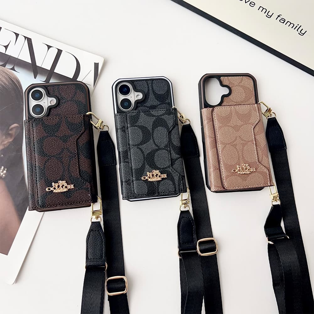 Coach Crossbody Strap Phone Case with Card Holder - Signature Print & Two Tone Border (iPhone & Samsung Galaxy)