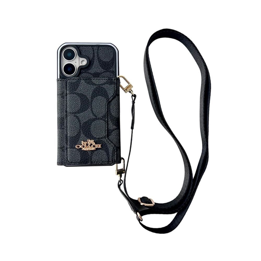 Coach Crossbody Strap Phone Case with Card Holder - Signature Print & Two Tone Border (iPhone & Samsung Galaxy)