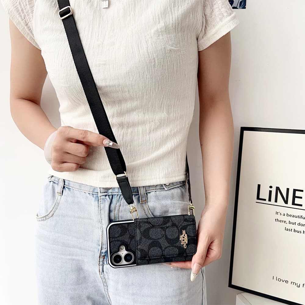 Coach Crossbody Strap Phone Case with Card Holder - Signature Print & Two Tone Border (iPhone & Samsung Galaxy)