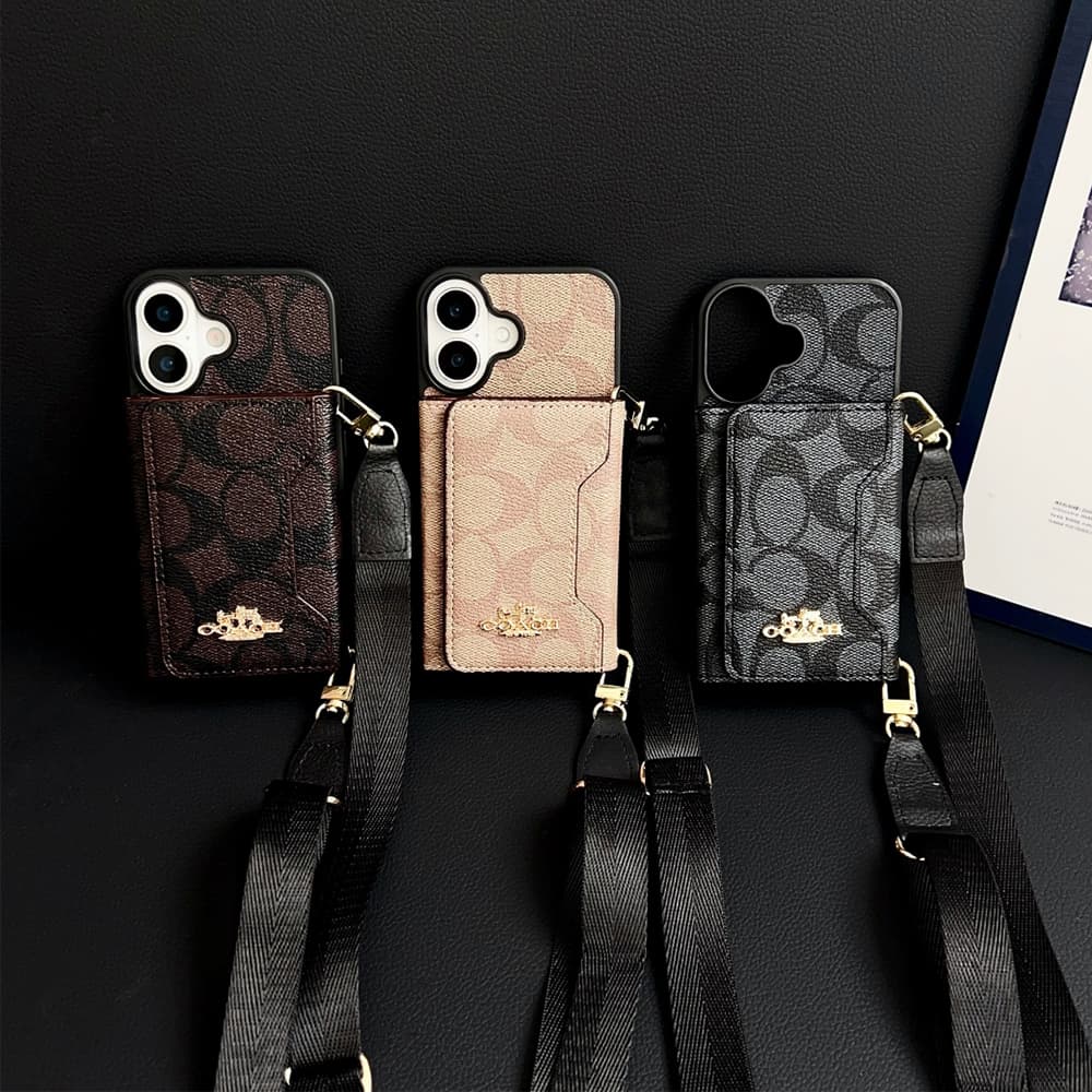 Coach Crossbody Strap Phone Case with Card Holder - Signature Print & Black Border (iPhone & Samsung Galaxy)