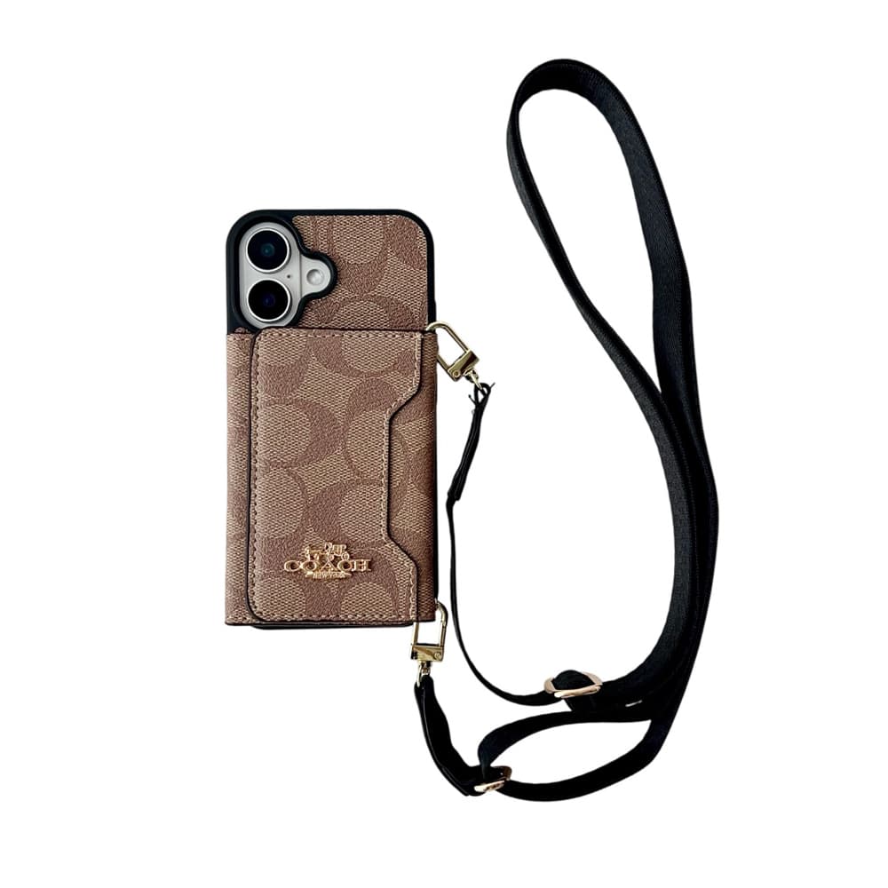 Coach Crossbody Strap Phone Case with Card Holder - Signature Print & Black Border (iPhone & Samsung Galaxy)
