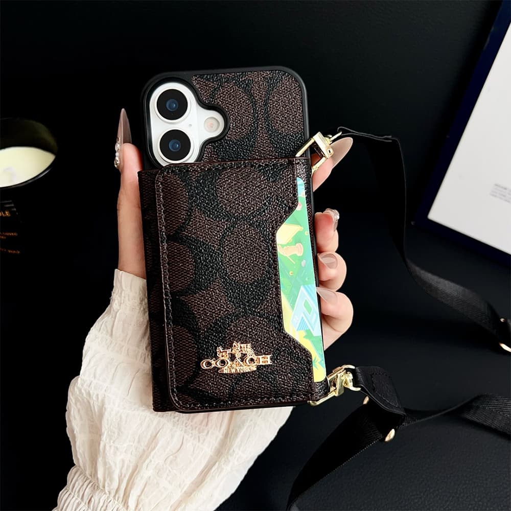 Coach Crossbody Strap Phone Case with Card Holder - Signature Print & Black Border (iPhone & Samsung Galaxy)
