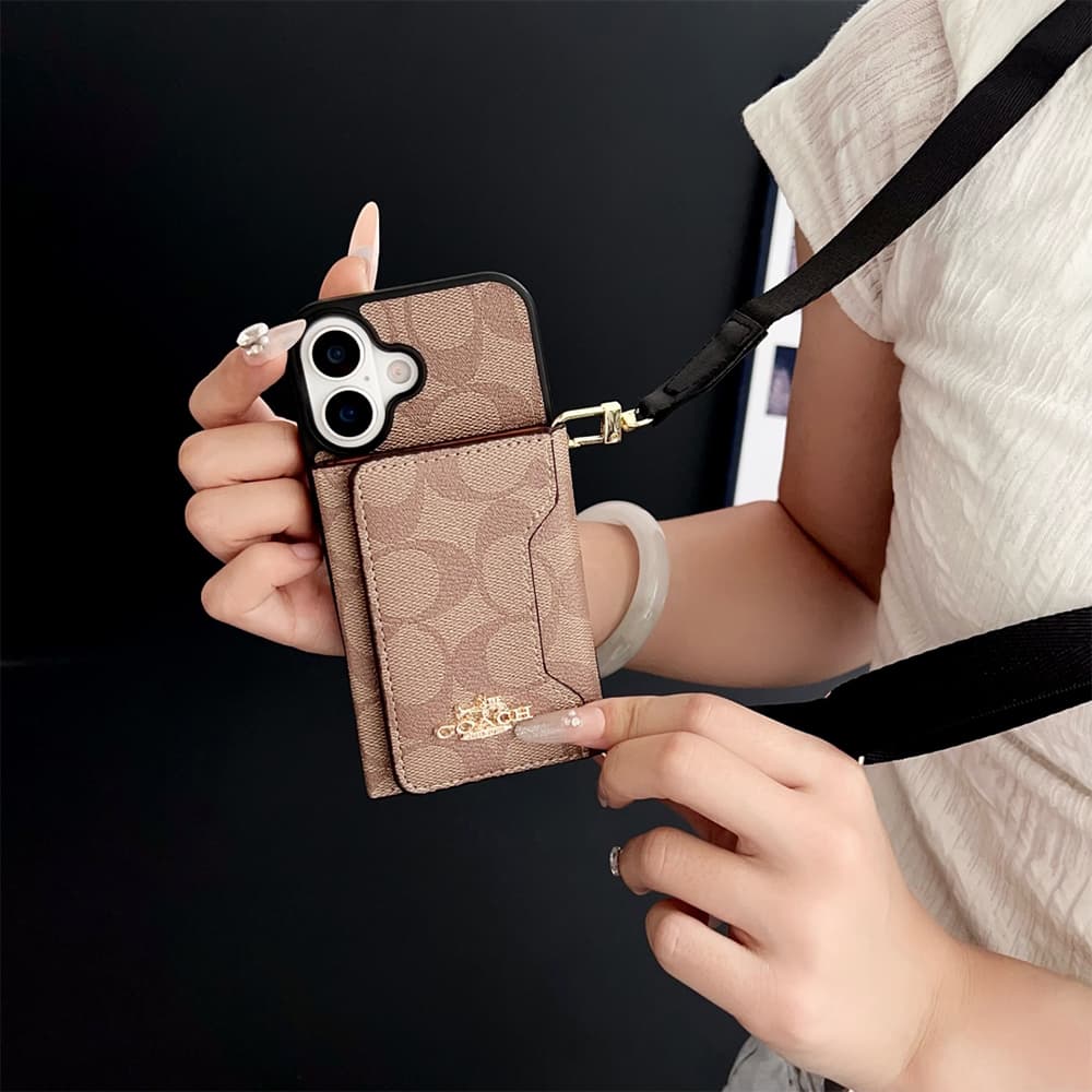Coach Crossbody Strap Phone Case with Card Holder - Signature Print & Black Border (iPhone & Samsung Galaxy)