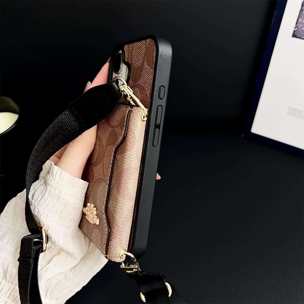 Coach Crossbody Strap Phone Case with Card Holder - Signature Print & Black Border (iPhone & Samsung Galaxy)
