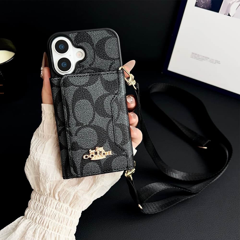 Coach Crossbody Strap Phone Case with Card Holder - Signature Print & Black Border (iPhone & Samsung Galaxy)