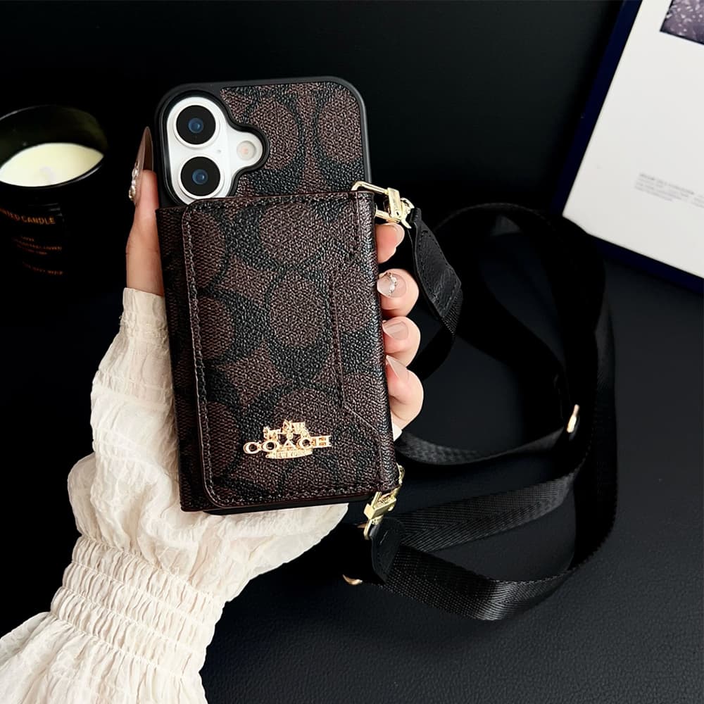 Coach Crossbody Strap Phone Case with Card Holder - Signature Print & Black Border (iPhone & Samsung Galaxy)