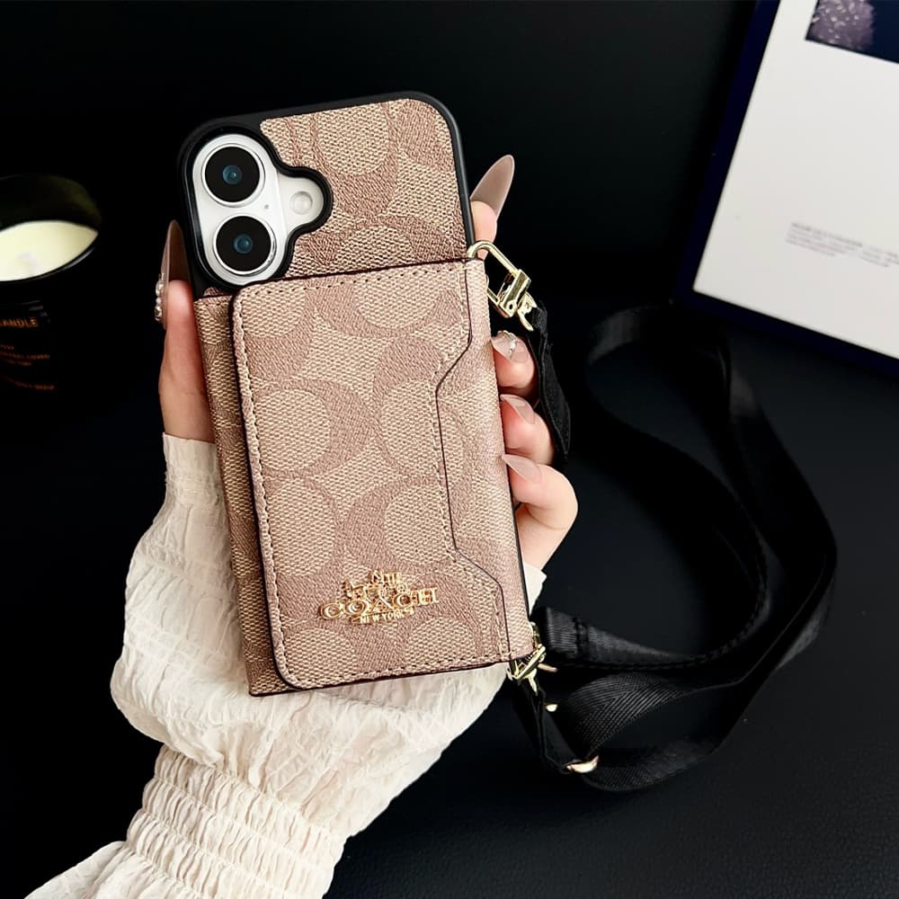 Coach Crossbody Strap Phone Case with Card Holder - Signature Print & Black Border (iPhone & Samsung Galaxy)